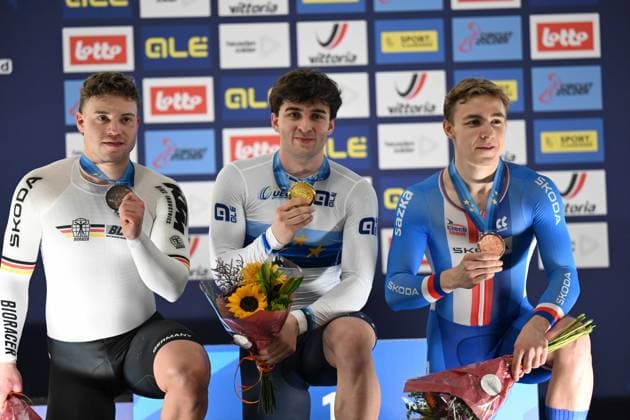 Radsport, Bahnrad-EM Zolder 13-02-2025 European Championships Elite Track; Giornata 02; 2025, Italia; 2025, Germnay; 2025, Repubblica Ceca; Bianchi, Matteo; Dornbach, Maximilian; Peterka, David; Zolder Velodromo; 