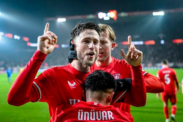 FC Twente forward Ricky van Wolfswinkel celebrating the goal 2-1, during the match Twente - Bodo Glimt at the Grolsch Veste, FC Twente Stadion for the UEFA Europa League - Knockout phase play-offs - 1st leg season 2024-2025 in ENSCHEDE, Netherlands on 13 februari 2025, (photo by Stefan Koops EYE4images DeFodi Images) Defodi-746_215878