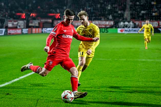 FC Twente forward Daan Rots, during the match Twente - Bodo Glimt at the Grolsch Veste, FC Twente Stadion for the UEFA Europa League - Knockout phase play-offs - 1st leg season 2024-2025 in ENSCHEDE, Netherlands on 13 februari 2025, (photo by Stefan Koops EYE4images DeFodi Images) Defodi-746_215883