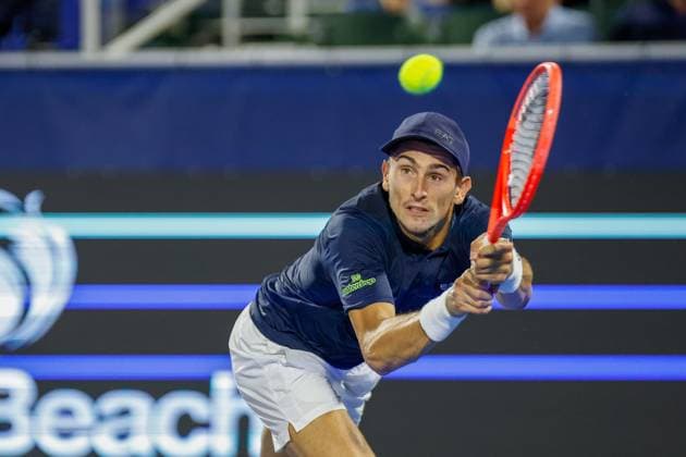 DELRAY BEACH, FL - FEBRUARY 13: Matteo Arnaldi (ITALY) in action at his Round 16 game against Learner Tien (USA) during the Delray Beach Open on Thursday February 13, 2025, at the Delray Beach Stadium & Tennis Center in Delray Beach, Florida.(Photo by Chris Arjoon Icon Sportswire) TENNIS: FEB 13 Delray Beach Open EDITORIAL USE ONLY Icon250213001078