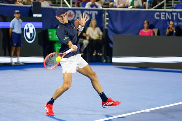DELRAY BEACH, FL - FEBRUARY 13: Matteo Arnaldi (ITALY) in action at his Round 16 game against Learner Tien (USA) during the Delray Beach Open on Thursday February 13, 2025, at the Delray Beach Stadium & Tennis Center in Delray Beach, Florida.(Photo by Chris Arjoon Icon Sportswire) TENNIS: FEB 13 Delray Beach Open EDITORIAL USE ONLY Icon250213001108