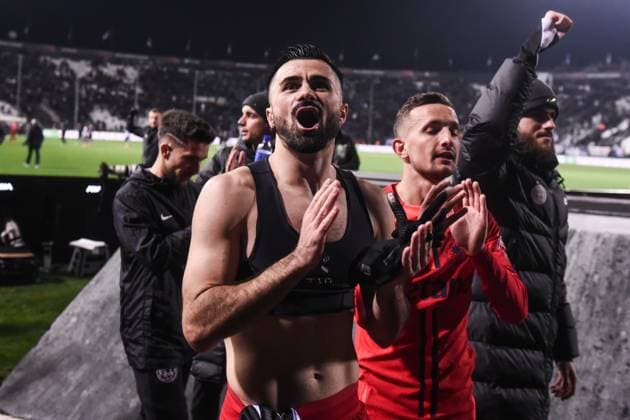 February 14, 2025, Thessaloniki, Greece: Steaua s Valentin Cretu celebrates after a Europa League knockout phase match between PAOK FC and FC Steaua. Thessaloniki Greece - ZUMAp191 0802077621st Copyright: xGiannisxPapanikosx