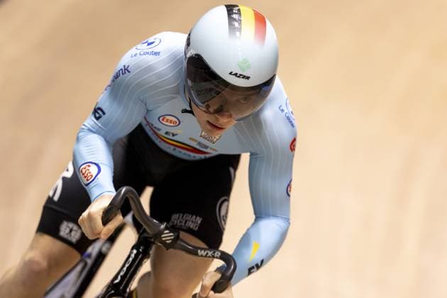 Belgian Runar De Schrijver pictured in action during the men s Sprint qualifying race at the 2025 UEC Track Elite European Championships, in Heusden-Zolder, Belgium, Friday 14 February 2025. The European Championships take place from 12 to 16 February. DIRKxWAEM  x112433645x