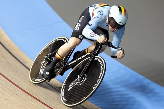 Belgian Runar De Schrijver pictured in action during the men s Sprint qualifying race at the 2025 UEC Track Elite European Championships, in Heusden-Zolder, Belgium, Friday 14 February 2025. The European Championships take place from 12 to 16 February. DIRKxWAEM  x112433706x