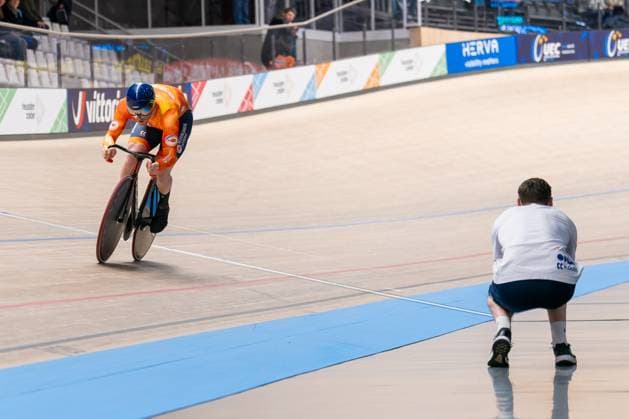 2025-02-14 2025 UEC Track Elite European Championship, EM, Europameisterschaft Day Three HEUSDEN-ZOLDER, BELGIUM - FEBRUARY 14: Tijmen van Loon of the Netherlands and coach Hugo Haak of the Netherlands during Day Three of the 2025 UEC Track Elite European Championship at Circuit Zolder on February 14, 2025 in Heusden-Zolder, Belgium. (Photo by Joris Verwijst BSR Agency) Heusden-Zolder Belgium Content not available for redistribution in The Netherlands directly or indirectly through any third parties. Copyright: xBSRxAgencyx