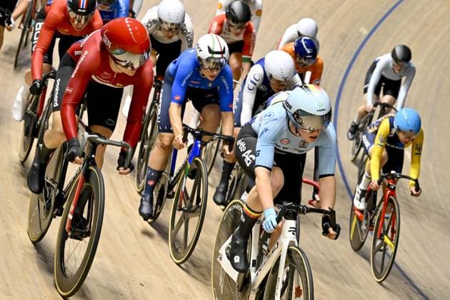 Belgian Katrijn De Clercq pictured in action during the women s Omnium I scratch race at the 2025 UEC Track Elite European Championships, in Heusden-Zolder, Belgium, Friday 14 February 2025. The European Championships take place from 12 to 16 February. DIRKxWAEM  x112435678x