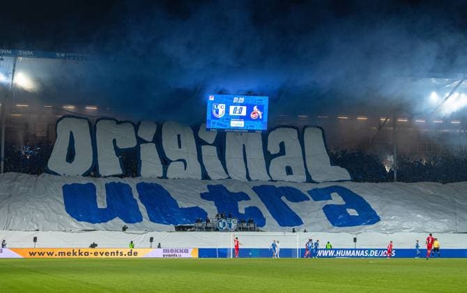 Fussball, Herren, Saison 2024 2025, 2. Bundesliga (22. Spieltag), 1. FC Magdeburg - 1. FC Köln, Fans von Magdeburg mit Choreografie: Original Ultra, 14.02. 2025,