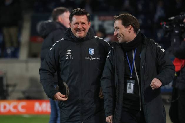 14.02.2025, xgox, Fussball 2. Bundesliga, 1. FC Magdeburg - 1. FC Koeln emspor, v.l. Christian Titz (Magdeburg, Trainer) Portrait, Portraet, Einzelbild mit Hufeisen (DFL DFB REGULATIONS PROHIBIT ANY USE OF PHOTOGRAPHS as IMAGE SEQUENCES and or QUASI-VIDEO) Magdeburg