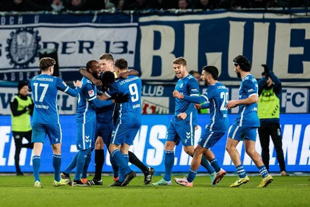 2. Fußball Bundesliga, 1. FC Magdeburg - 1. FC Köln; 14.02.2025 Jubel zum 1:0 durch Daniel Heber (1. FC Magdeburg, 15) 2. Fußball Bundesliga, 1. FC Magdeburg - 1. FC Köln, Magdeburg, Avnet Arena am 14.02.2025 DFL REGULATIONS PROHIBIT ANY USE OF PHOTOGRAPHS AS IMAGE SEQUENCES AND OR QUASI-VIDEO.
