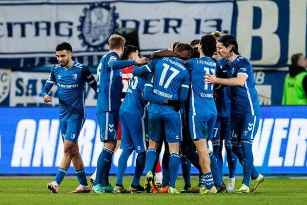 2. Fußball Bundesliga, 1. FC Magdeburg - 1. FC Köln; 14.02.2025 Jubel zum 1:0 durch Daniel Heber (1. FC Magdeburg, 15) 2. Fußball Bundesliga, 1. FC Magdeburg - 1. FC Köln, Magdeburg, Avnet Arena am 14.02.2025 DFL REGULATIONS PROHIBIT ANY USE OF PHOTOGRAPHS AS IMAGE SEQUENCES AND OR QUASI-VIDEO.