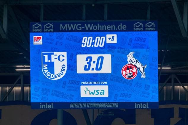 Fussball, Herren, Saison 2024 2025, 2. Bundesliga (22. Spieltag), 1. FC Magdeburg - 1. FC Köln, Anzeigetafel mit 3:0-Endstand, 14.02. 2025,