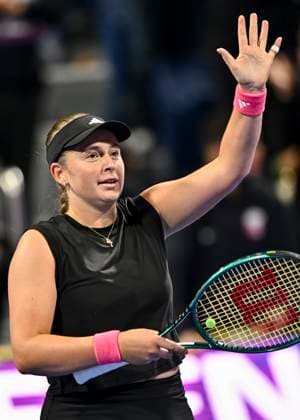 QATAR TOTALENERGIES OPEN - SEMI-FINAL Jelena Ostapenko of Latvia celebrates after winning the semi-final match against Iga Swiatek of Poland during the WTA, Tennis Damen Qatar TotalEnergies Open 2025 tennis tournament at the Khalifa International Tennis Complex in Doha, Qatar, on February 14, 2025. DOHA Qatar Copyright: xx
