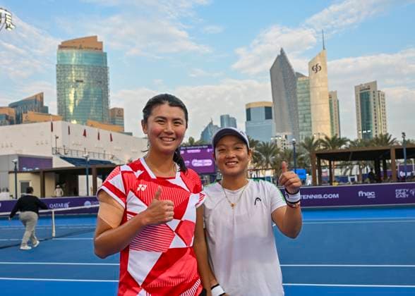 QATAR TOTALENERGIES OPEN -DOUBLES SEMI-FINAL Xinyu Jiang of China Fang-Hsien Wu of Chinese Taipei celebrate after winning the womenÕs doubles semi final match between Beatriz Haddad Maia of Brazil Laura Siegemund of Germany and Xinyu Jiang of China Fang-Hsien Wu of Chinese Taipei at the WTA, Tennis Damen Qatar TotalEnergies Open 2025 tennis tournament at the Khalifa International Tennis Complex in Doha, Qatar, on February 14, 2025. DOHA Qatar Copyright: xNoushadxThekkayilx