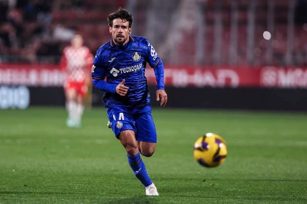 February 14, 2025, Girona, Girona, SPAIN: Juan Bernat of Getafe CF in action during the Spanish league, La Liga EA Sports, football match played between Girona FC and Getafe CF at Estadio de Montilivi on February 14, 2025 in Girona, Spain. Girona SPAIN - ZUMAa181 20250214_zaa_a181_043 Copyright: xJavierxBorregox