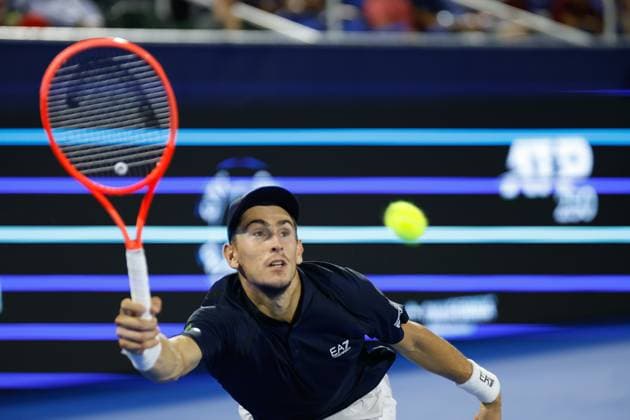 DELRAY BEACH, FL - FEBRUARY 14: Matteo Arnaldi (ITA) in action during the Mens Quarter Finals round of the Delray Beach Open on February 14, 2025, at Delray Beach Stadium & Tennis Center in Delray Beach, Florida.(Photo by Chris Arjoon Icon Sportswire). TENNIS: FEB 14 Delray Beach Open EDITORIAL USE ONLY Icon25021400146