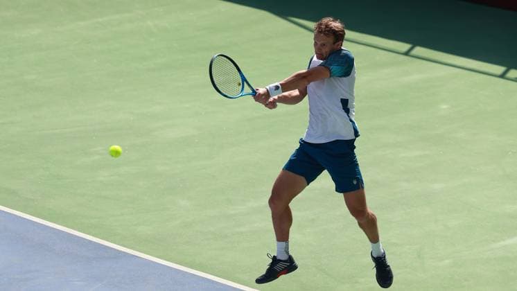February 14, 2025, New Delhi, Delhi, India: Michael Geerts of Belgium during Quarter Finals of ATP, Tennis Herren Challenger Delhi Open 2025 between Kyrian Jacquet of France and Michael Geerts of Belgium at DLTA Complex, R K Khanna Tennis Stadium, New Delhi, India on 14 February 2025 New Delhi India - ZUMAd207 20250214_zsp_d207_128 Copyright: xAvijitxDasx