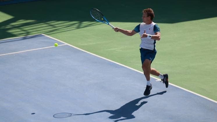 February 14, 2025, New Delhi, Delhi, India: Michael Geerts of Belgium during Quarter Finals of ATP, Tennis Herren Challenger Delhi Open 2025 between Kyrian Jacquet of France and Michael Geerts of Belgium at DLTA Complex, R K Khanna Tennis Stadium, New Delhi, India on 14 February 2025 New Delhi India - ZUMAd207 20250214_zsp_d207_130 Copyright: xAvijitxDasx