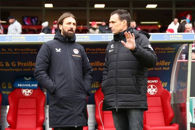 15.02.2025, xmohx, Fussball 2.Bundesliga, 1.FC Kaiserslautern - Hannover 96 v.l. Manager Thomas Hengen (1. FC Kaiserslautern) Sportdirektor Marcus Mann (Hannover 96) (DFL DFB REGULATIONS PROHIBIT ANY USE OF PHOTOGRAPHS as IMAGE SEQUENCES and or QUASI-VIDEO) Kaiserslautern