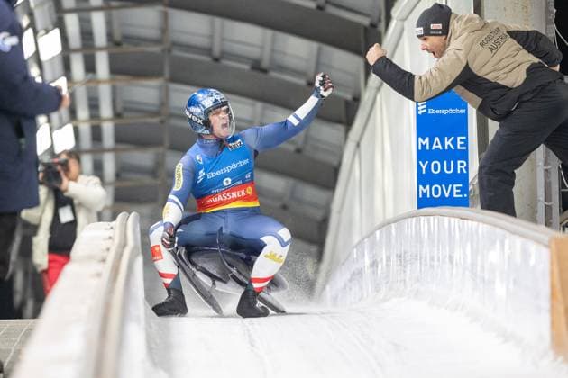 Bilder des Jahres 2025, Sport 02 Februar Sport Themen der Woche KW07 Sport Bilder des Tages photographer: FIL Michael Kristen 15.02.2025 8. FIL Eberspächer Luge World Cup, Olympic Sliding Center PyeongChang (KOR), WC South Korea, Men™s Singles, picture: Wolfgang Kindl (AUT), Christian Eigentler (head coach Austria) *** photographer FIL Michael Kristen 15 02 2025 8 FIL Eberspächer Luge World Cup, Olympic Sliding Center PyeongChang KOR , WC South Korea, Men™s Singles, picture Wolfgang Kindl AUT , Christian Eigentler head coach Austria
