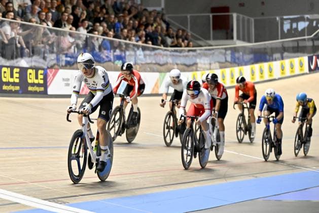 Belgian Lindsay De Vylder pictured in action during the men s Omnium I scratch race at the 2025 UEC Track Elite European Championships, in Heusden-Zolder, Belgium, Saturday 15 February 2025. The European Championships take place from 12 to 16 February. DIRKxWAEM  x112509458x