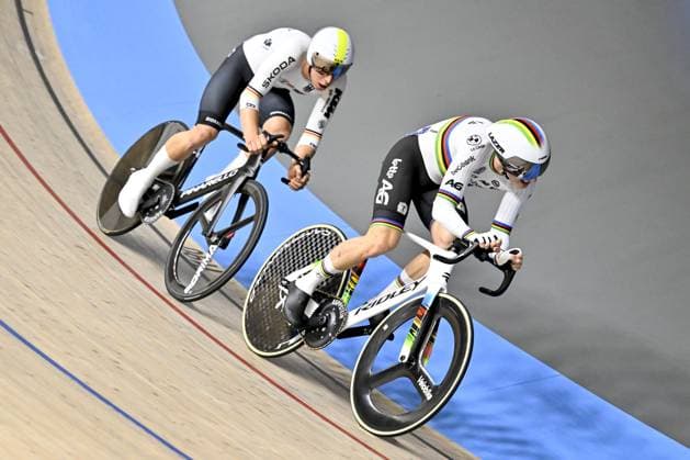 German Tim Torn Teutenberg of Lidl-Trek and Belgian Lindsay De Vylder pictured in action during the men s Omnium II tempo race at the 2025 UEC Track Elite European Championships, in Heusden-Zolder, Belgium, Saturday 15 February 2025. The European Championships take place from 12 to 16 February. DIRKxWAEM  x112517413x