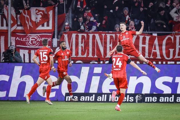 2. Fussball Bundesliga, Fortuna Düsseldorf vs. Hertha BSC Berlin, 15.02.2025 Jubel nach dem Doppelpack von Dzenan Pejcinovic (Fortuna Düsseldorf 7) -- DFL REGULATIONS PROHIBIT ANY USE OF PHOTOGRAPHS AS IMAGE SEQUENCES AND OR Q?UASI-VIDEO. - 2. Fussball Bundesliga, Fortuna Düsseldorf vs. Hertha BSC Berlin, 15.02.2025