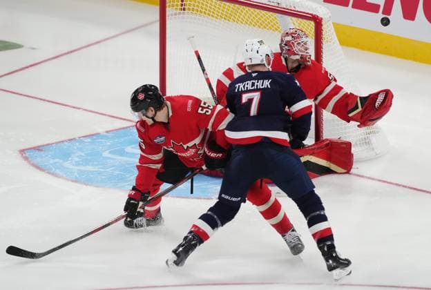 Eishockey, 4 Nations Face-Off in Montreal, Kanada - USA February 15, 2025, Montreal, Pq, Canada: Canada goaltender Jordan Binnington (50) makes a save as Colton Parayko (55) defends against United States Brady Tkachuk (7) during third period 4 Nations Face-Off hockey action in Montreal on Saturday, Feb. 15, 2025. Canada News - February 15, 2025  - ZUMAc35_ 20250215_zaf_c35_246 Copyright: xChristinnexMuschix