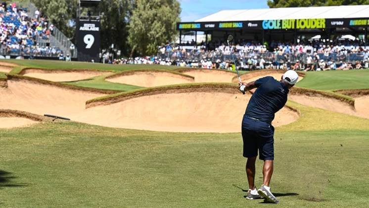 GOLF LIV ADELAIDE, Harold Varner III of 4Aces GC avoids the bunkers on the ninth hole during the LIV Golf Adelaide at The Grange Golf Club in Adelaide, Sunday, February 16, 2025. ( NO ARCHIVING, EDITORIAL USE ONLY, NO USE IN BOOKS WITHOUT CONSENT ADELAIDE South Australia AUSTRALIA  Copyright: xMICHAELxERREYx 20250216191013920054