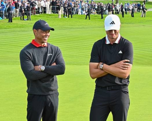February 16, 2025: Tiger Woods and Ludvig Aberg share a moment after the final round of the Genesis Invitational on Torrey Pines South Course in San Diego, California. CSM San Diego USA - ZUMAc04_ 20250216_zma_c04_047 Copyright: xJustinxFinex