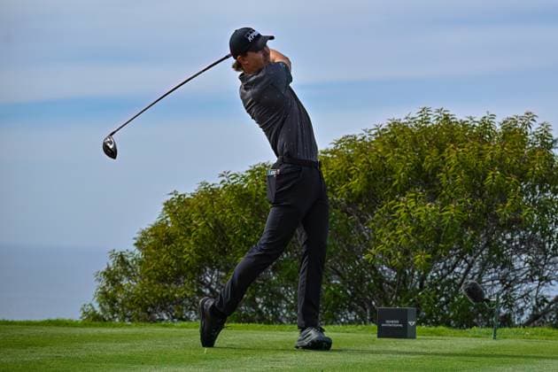 February 16, 2025: Maverick McNealy tees off on the 17th hole during the final round of the Genesis Invitational on Torrey Pines South Course in San Diego, California. CSM San Diego USA - ZUMAc04_ 20250216_zma_c04_050 Copyright: xJustinxFinex