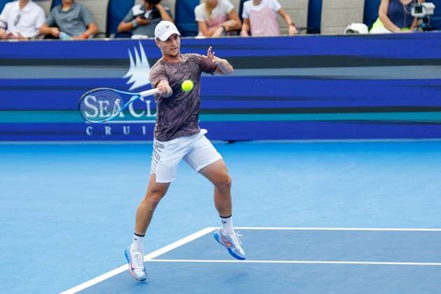 DELRAY BEACH, FL - FEBRUARY 16: Miomir Kecmanovic (SRB) in action during the Mens Singles Final of the Delray Beach Open on February 16, 2025, at Delray Beach Stadium & Tennis Center in Delray Beach, Florida.(Photo by Chris Arjoon Icon Sportswire). TENNIS: FEB 16 Delray Beach Open EDITORIAL USE ONLY Icon25021600142