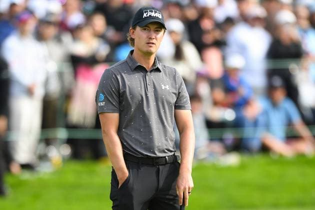 LA JOLLA, CA - FEBRUARY 16: Maverick McNealy reacts to missing a putt not he 18th hole during the final round of The Genesis Invitational 2025 at Torrey Pines Golf Course on February 16, 2025 in La Jolla, California. (Photo by Brian Rothmuller Icon Sportswire) GOLF: FEB 16 PGA, Golf Herren The Genesis Invitational EDITORIAL USE ONLY Icon250216032