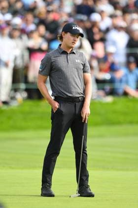 LA JOLLA, CA - FEBRUARY 16: Maverick McNealy reacts to missing a putt not he 18th hole during the final round of The Genesis Invitational 2025 at Torrey Pines Golf Course on February 16, 2025 in La Jolla, California. (Photo by Brian Rothmuller Icon Sportswire) GOLF: FEB 16 PGA, Golf Herren The Genesis Invitational EDITORIAL USE ONLY Icon250216033