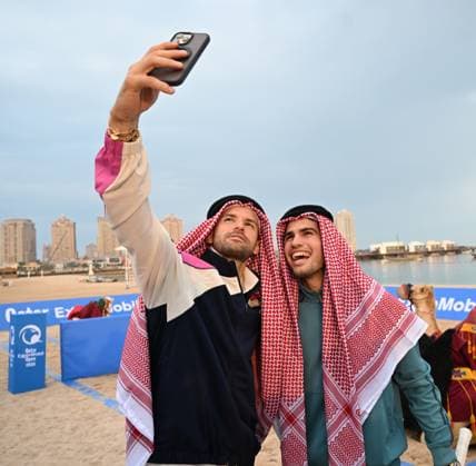 Qatar ExxonMobil Open 2025 Photostunt at Katara Beach , Doha Qatar Grigor Dimitrov (BUL), Novak Djokovic (SRB) , Carlos Alcaraz (ESP) and Stefanos Tsitsipas (GRE)