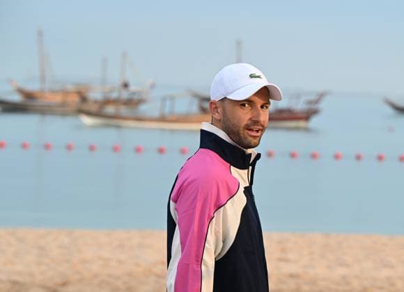 Qatar ExxonMobil Open 2025 Photostunt at Katara Beach , Doha Qatar Grigor Dimitrov (BUL), Novak Djokovic (SRB) , Carlos Alcaraz (ESP) and Stefanos Tsitsipas (GRE)