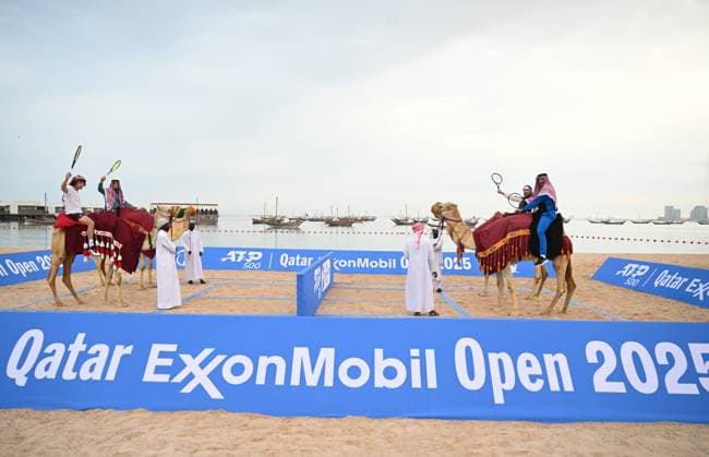 Qatar ExxonMobil Open 2025 Photostunt at Katara Beach , Doha Qatar Grigor Dimitrov (BUL), Novak Djokovic (SRB) , Carlos Alcaraz (ESP) and Stefanos Tsitsipas (GRE)