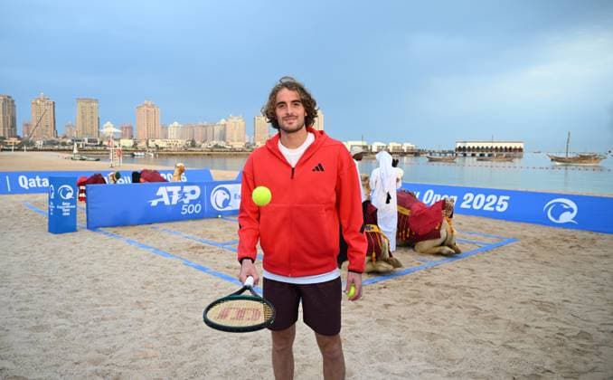 Qatar ExxonMobil Open 2025 Photostunt at Katara Beach , Doha Qatar Grigor Dimitrov (BUL), Novak Djokovic (SRB) , Carlos Alcaraz (ESP) and Stefanos Tsitsipas (GRE)