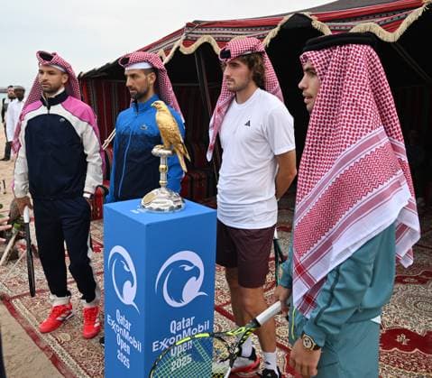 Qatar ExxonMobil Open 2025 Photostunt at Katara Beach , Doha Qatar Grigor Dimitrov (BUL), Novak Djokovic (SRB) , Carlos Alcaraz (ESP) and Stefanos Tsitsipas (GRE)
