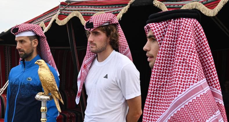 Qatar ExxonMobil Open 2025 Photostunt at Katara Beach , Doha Qatar Grigor Dimitrov (BUL), Novak Djokovic (SRB) , Carlos Alcaraz (ESP) and Stefanos Tsitsipas (GRE)