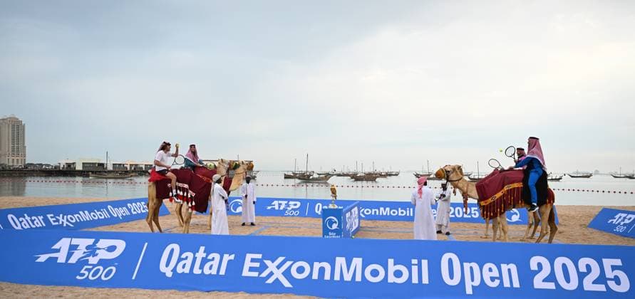 Qatar ExxonMobil Open 2025 Photostunt at Katara Beach , Doha Qatar Grigor Dimitrov (BUL), Novak Djokovic (SRB) , Carlos Alcaraz (ESP) and Stefanos Tsitsipas (GRE)