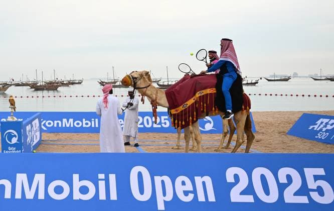 Qatar ExxonMobil Open 2025 Photostunt at Katara Beach , Doha Qatar Grigor Dimitrov (BUL), Novak Djokovic (SRB) , Carlos Alcaraz (ESP) and Stefanos Tsitsipas (GRE)