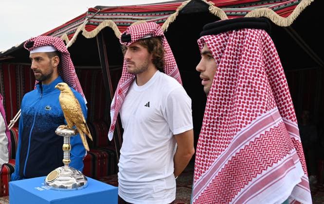 Qatar ExxonMobil Open 2025 Photostunt at Katara Beach , Doha Qatar Grigor Dimitrov (BUL), Novak Djokovic (SRB) , Carlos Alcaraz (ESP) and Stefanos Tsitsipas (GRE)