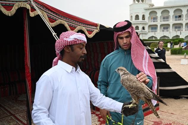 Qatar ExxonMobil Open 2025 Photostunt at Katara Beach , Doha Qatar Grigor Dimitrov (BUL), Novak Djokovic (SRB) , Carlos Alcaraz (ESP) and Stefanos Tsitsipas (GRE)