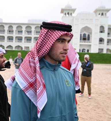 Qatar ExxonMobil Open 2025 Photostunt at Katara Beach , Doha Qatar Grigor Dimitrov (BUL), Novak Djokovic (SRB) , Carlos Alcaraz (ESP) and Stefanos Tsitsipas (GRE)