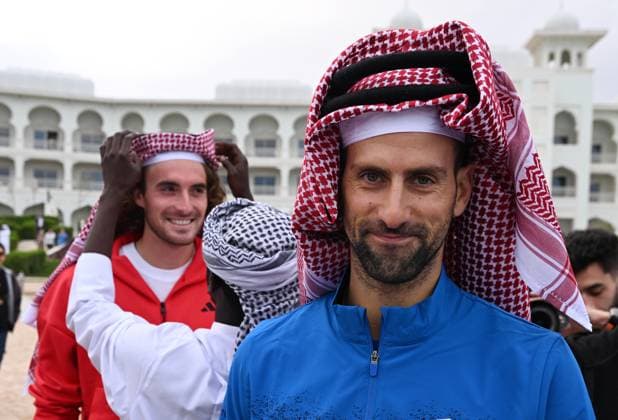 Qatar ExxonMobil Open 2025 Photostunt at Katara Beach , Doha Qatar Grigor Dimitrov (BUL), Novak Djokovic (SRB) , Carlos Alcaraz (ESP) and Stefanos Tsitsipas (GRE)
