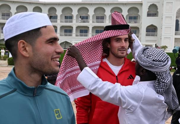 Qatar ExxonMobil Open 2025 Photostunt at Katara Beach , Doha Qatar Grigor Dimitrov (BUL), Novak Djokovic (SRB) , Carlos Alcaraz (ESP) and Stefanos Tsitsipas (GRE)