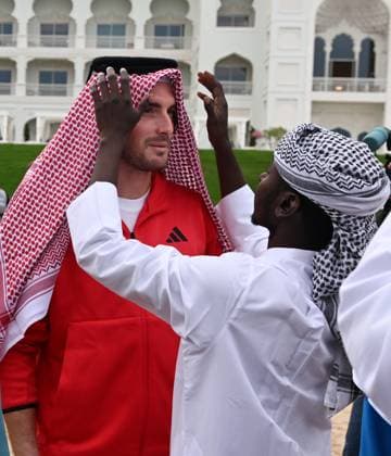Qatar ExxonMobil Open 2025 Photostunt at Katara Beach , Doha Qatar Grigor Dimitrov (BUL), Novak Djokovic (SRB) , Carlos Alcaraz (ESP) and Stefanos Tsitsipas (GRE)