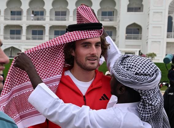 Qatar ExxonMobil Open 2025 Photostunt at Katara Beach , Doha Qatar Grigor Dimitrov (BUL), Novak Djokovic (SRB) , Carlos Alcaraz (ESP) and Stefanos Tsitsipas (GRE)
