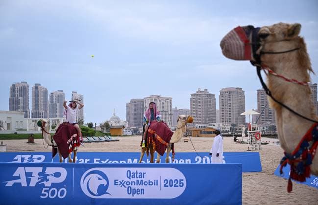 Qatar ExxonMobil Open 2025 Photostunt at Katara Beach , Doha Qatar Grigor Dimitrov (BUL), Novak Djokovic (SRB) , Carlos Alcaraz (ESP) and Stefanos Tsitsipas (GRE)