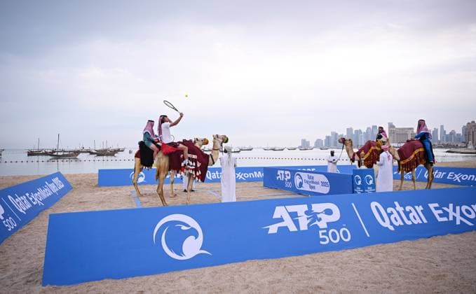 Qatar ExxonMobil Open 2025 Photostunt at Katara Beach , Doha Qatar Grigor Dimitrov (BUL), Novak Djokovic (SRB) , Carlos Alcaraz (ESP) and Stefanos Tsitsipas (GRE)